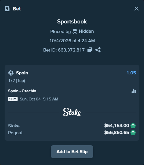 Bet slip: Spain - Czechia, $54,153.00 stake at 1.05 odds, placed by bwullf75