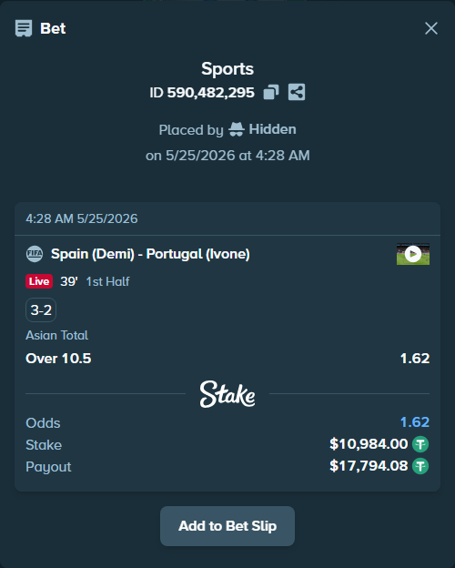 Bet slip: Spain (Demi) - Portugal (Ivone), $10,984.00 stake at 1.62 odds, placed by Hidden