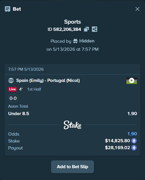 Bet slip: Spain (Emily) - Portugal (Nicol), $11,099.15 stake at 1.90 odds, placed by Hidden