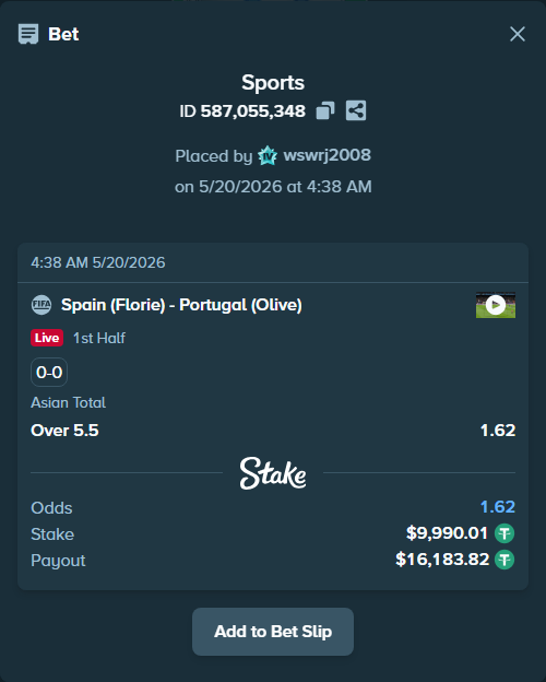 Bet slip: Spain (Florie) - Portugal (Olive), $10,000.00 stake at 1.62 odds, placed by wswrj2008
