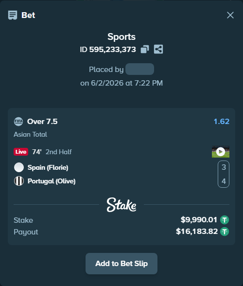 Bet slip: Spain (Florie) - Portugal (Olive), $10,000.00 stake at 1.62 odds, placed by wswrj2008