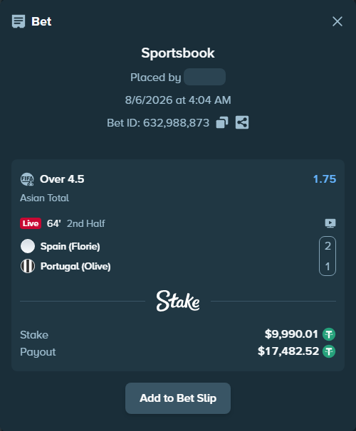 Bet slip: Spain (Florie) - Portugal (Olive), $10,000.00 stake at 1.75 odds, placed by wswrj2008
