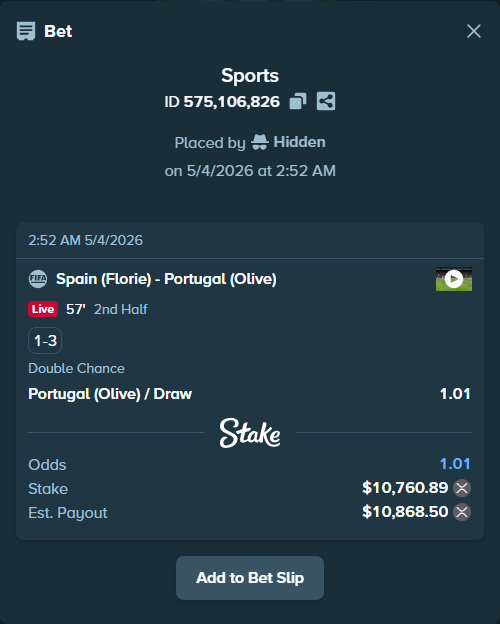Bet slip: Spain (Florie) - Portugal (Olive), $8,871.65 stake at 1.01 odds, placed by Hidden