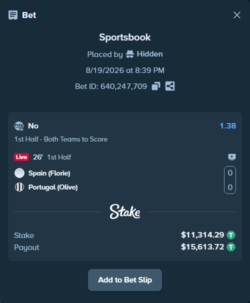Bet slip: Spain (Florie) - Portugal (Olive), $11,325.61 stake at 1.38 odds, placed by Hidden