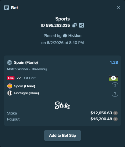 Bet slip: Spain (Florie) - Portugal (Olive), $11,500.00 stake at 1.28 odds, placed by Hidden
