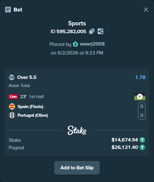 Bet slip: Spain (Florie) - Portugal (Olive), $14,689.62 stake at 1.78 odds, placed by wswrj2008