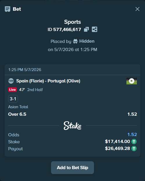Bet slip: Spain (Florie) - Portugal (Olive), $17,414.00 stake at 1.52 odds, placed by Hidden