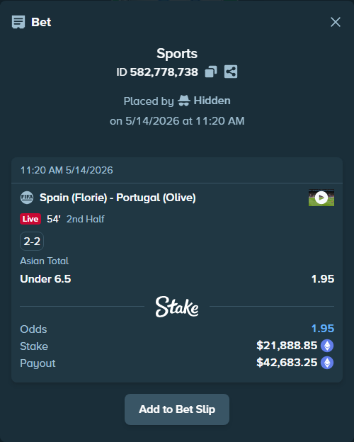 Bet slip: Spain (Florie) - Portugal (Olive), $16,777.70 stake at 1.95 odds, placed by Hidden