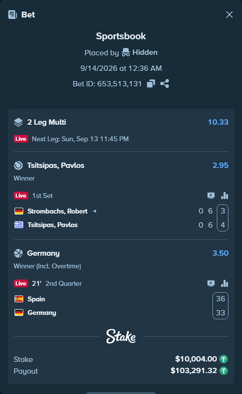 Bet slip: Spain - Germany, $10,000.00 stake at 3.50 odds, placed by Hidden