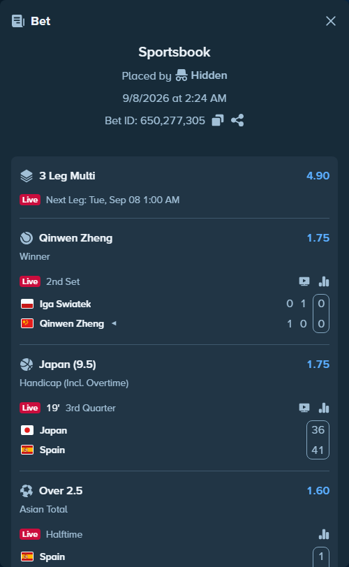 Bet slip: Spain - Nigeria, $10,000.00 stake at 1.60 odds, placed by Hidden