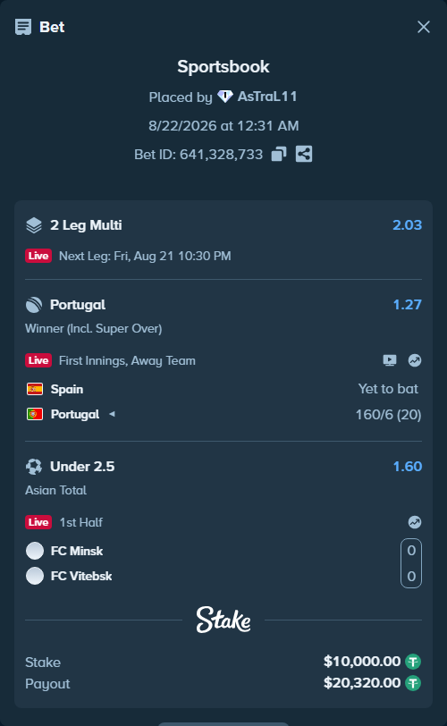 Bet slip: Spain - Portugal, $10,000.00 stake at 1.27 odds, placed by AsTraL11