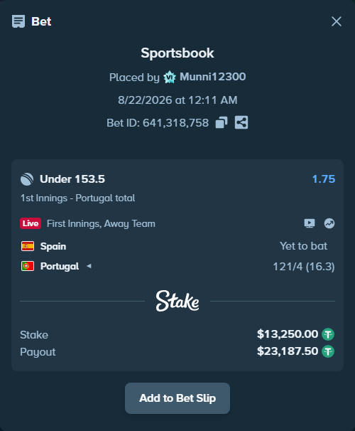 Bet slip: Spain - Portugal, $13,250.00 stake at 1.75 odds, placed by Munni12300