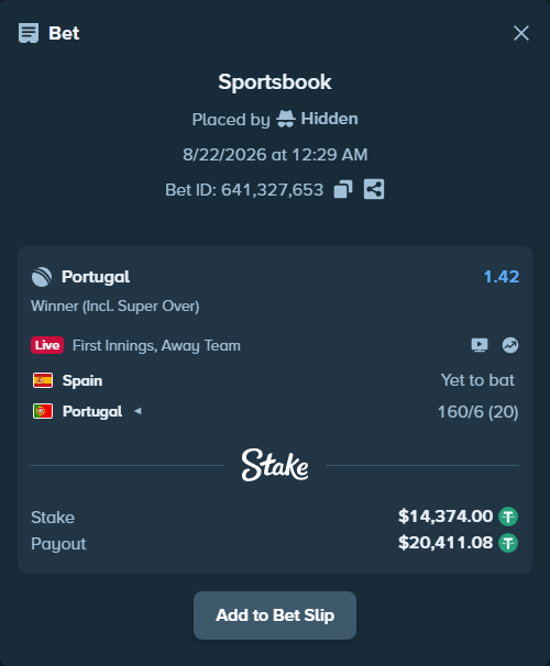 Bet slip: Spain - Portugal, $14,374.00 stake at 1.42 odds, placed by Hidden