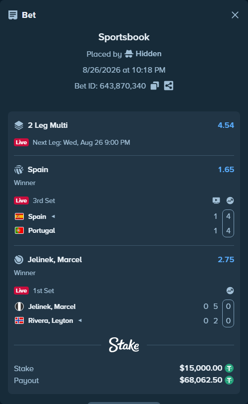 Bet slip: Spain - Portugal, $15,000.00 stake at 1.65 odds, placed by Hidden