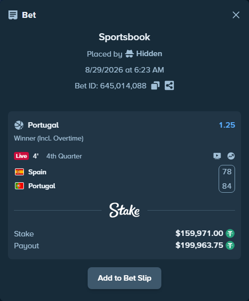 Bet slip: Spain - Portugal, $159,971.00 stake at 1.25 odds, placed by Hidden