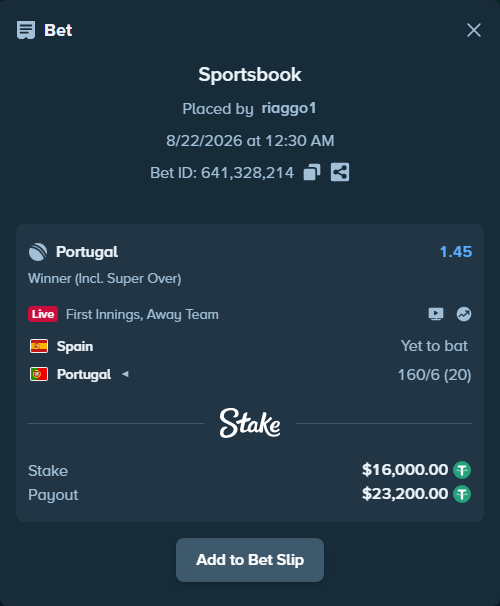 Bet slip: Spain - Portugal, $16,000.00 stake at 1.45 odds, placed by riaggo1