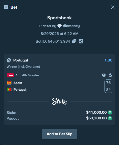 Bet slip: Spain - Portugal, $41,000.00 stake at 1.30 odds, placed by diomancy