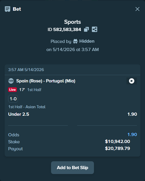Bet slip: Spain (Rose) - Portugal (Mia), $8,375.61 stake at 1.90 odds, placed by Hidden