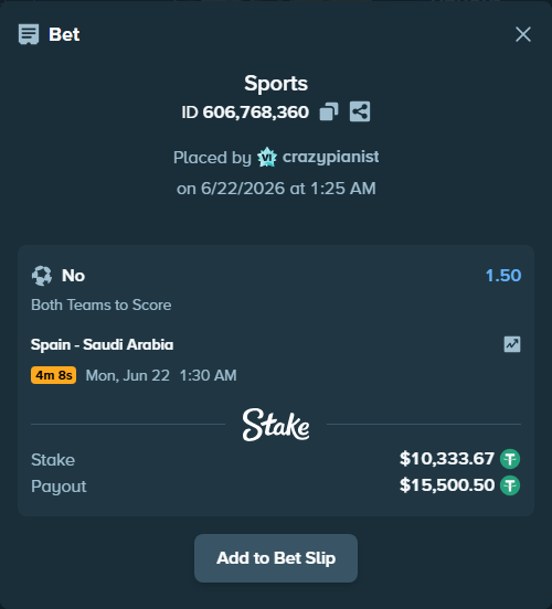Bet slip: Spain - Saudi Arabia, $10,344.00 stake at 1.50 odds, placed by crazypianist
