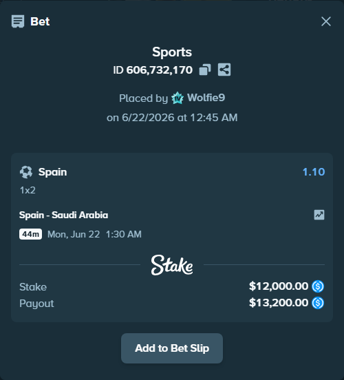 Bet slip: Spain - Saudi Arabia, $12,000.00 stake at 1.10 odds, placed by Wolfie9