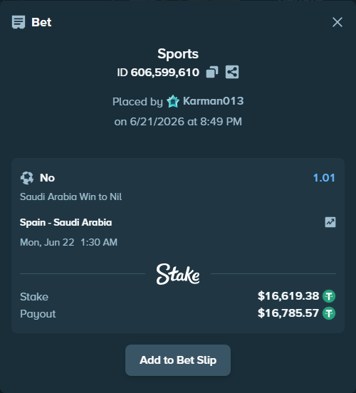 Bet slip: Spain - Saudi Arabia, $16,636.00 stake at 1.01 odds, placed by Karman013