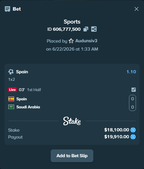 Bet slip: Spain - Saudi Arabia, $18,100.00 stake at 1.10 odds, placed by Audunsiv3