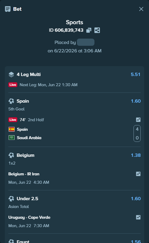 Bet slip: Spain - Saudi Arabia, $25,000.00 stake at 1.60 odds, placed by Cabrzy