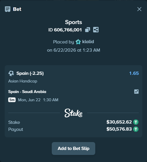 Bet slip: Spain - Saudi Arabia, $30,683.27 stake at 1.65 odds, placed by klalid