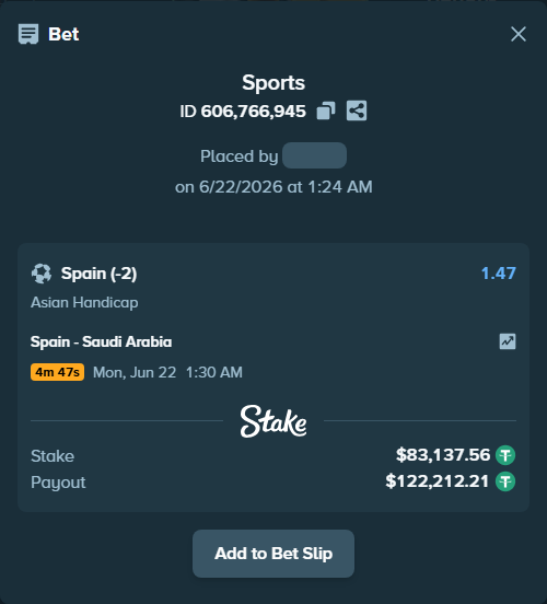 Bet slip: Spain - Saudi Arabia, $83,220.70 stake at 1.47 odds, placed by deathaddeer