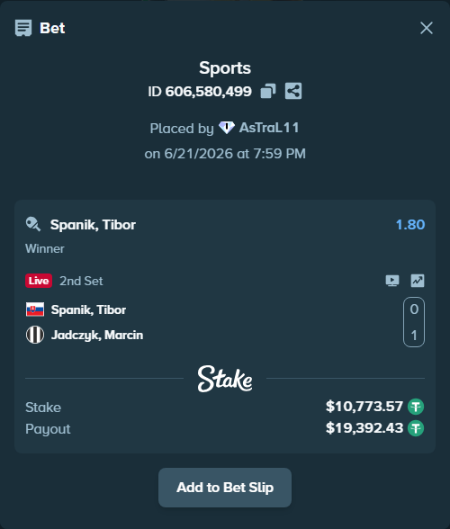 Bet slip: Spanik, Tibor - Jadczyk, Marcin, $10,784.34 stake at 1.80 odds, placed by AsTraL11