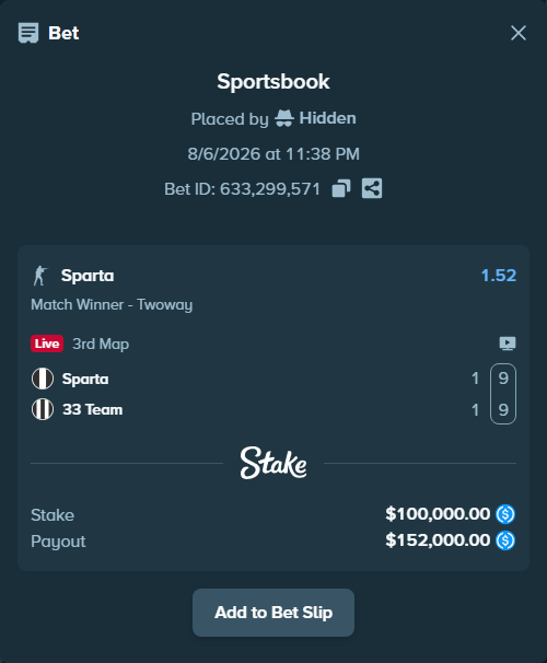 Bet slip: Sparta - 33 Team, $100,000.00 stake at 1.52 odds, placed by Hidden