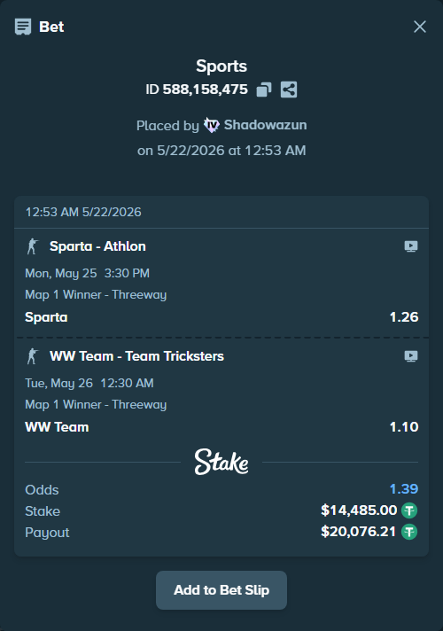 Bet slip: Sparta - Athlon, $14,499.48 stake at 1.26 odds, placed by Shadowazun