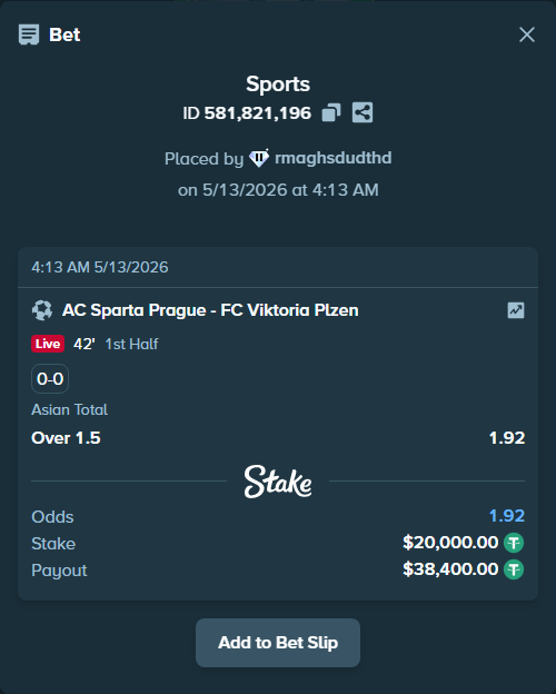 Bet slip: Sparta Prague - FC Viktoria Plzen, $20,000.00 stake at 1.92 odds, placed by rmaghsdudthd