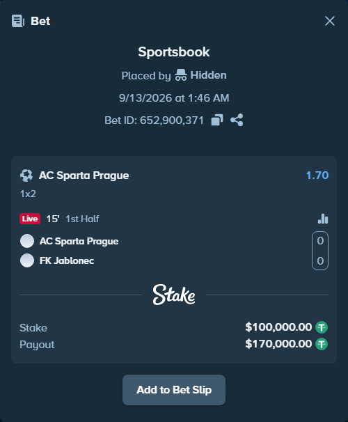 Bet slip: Sparta Prague - FK Jablonec, $100,000.00 stake at 1.70 odds, placed by Hidden