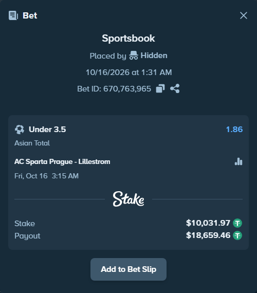 Bet slip: Sparta Prague - Lillestrom, $10,042.00 stake at 1.86 odds, placed by Hidden