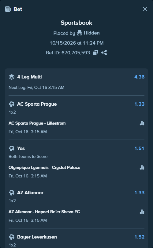 Bet slip: Sparta Prague - Lillestrom, $10,361.03 stake at 1.33 odds, placed by MrDivinity