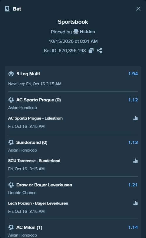 Bet slip: Sparta Prague - Lillestrom, $11,612.00 stake at 1.12 odds, placed by Haliasovskyi