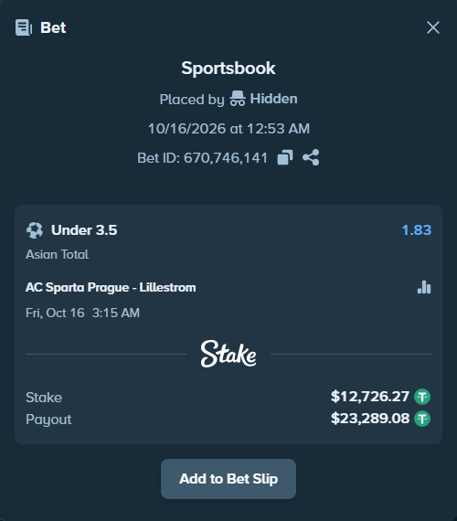 Bet slip: Sparta Prague - Lillestrom, $12,739.00 stake at 1.83 odds, placed by Hidden