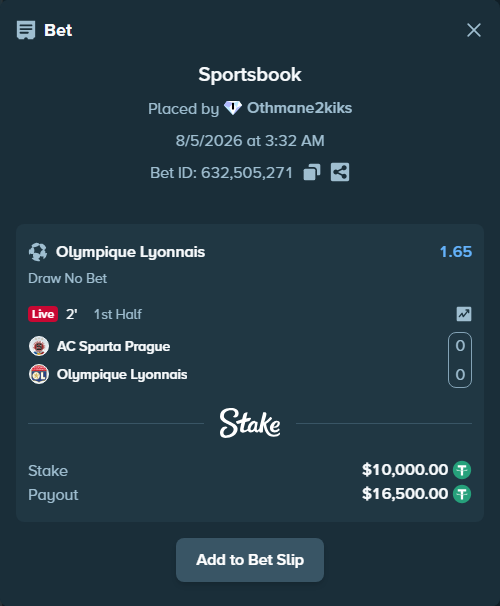 Bet slip: Sparta Prague - Olympique Lyonnais, $10,010.00 stake at 1.65 odds, placed by Othmane2kiks