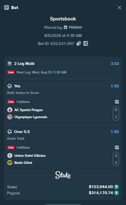 Bet slip: Sparta Prague - Olympique Lyonnais, $104,047.94 stake at 1.55 odds, placed by Hidden