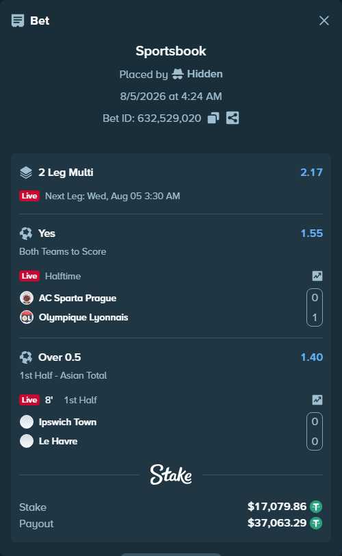 Bet slip: Sparta Prague - Olympique Lyonnais, $17,096.94 stake at 1.55 odds, placed by Hidden