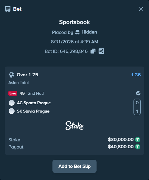 Bet slip: Sparta Prague - Slavia Prague, $30,000.00 stake at 1.36 odds, placed by Hidden