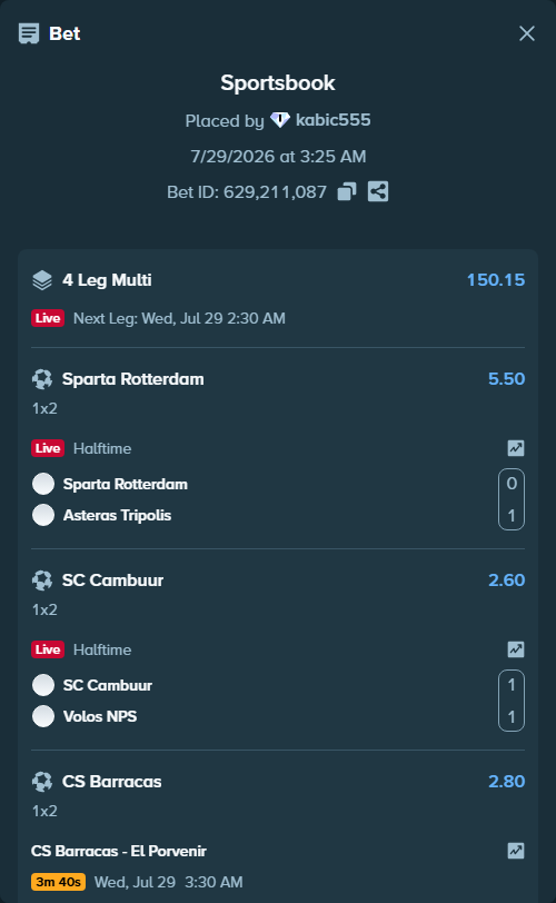Bet slip: Sparta Rotterdam - Asteras Tripolis, $22,717.80 stake at 5.50 odds, placed by kabic555