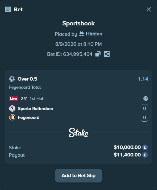 Bet slip: Sparta Rotterdam - Feyenoord, $10,022.66 stake at 1.14 odds, placed by Hidden