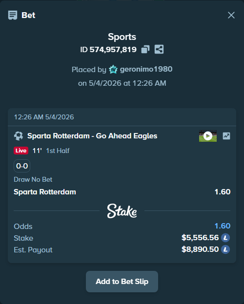 Bet slip: Sparta Rotterdam - Go Ahead Eagles, $4,475.53 stake at 1.60 odds, placed by geronimo1980