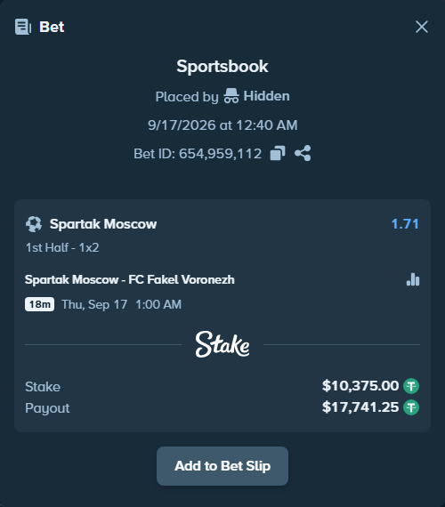 Bet slip: Spartak Moscow - FC Fakel Voronezh, $10,375.00 stake at 1.71 odds, placed by Hidden