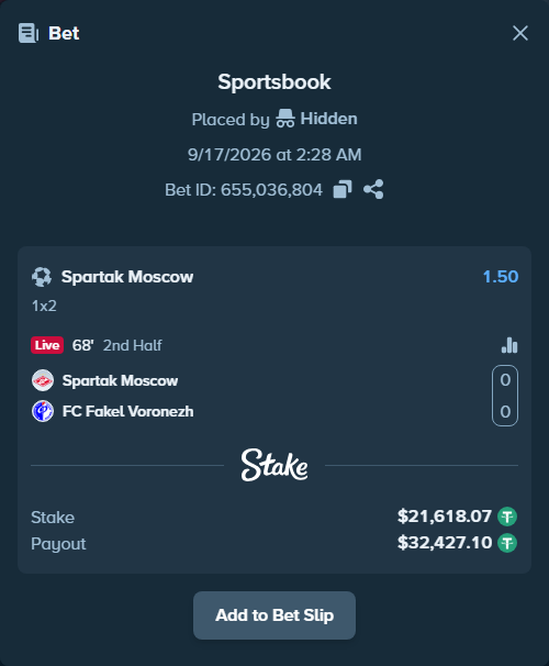 Bet slip: Spartak Moscow - FC Fakel Voronezh, $21,618.07 stake at 1.50 odds, placed by Hidden