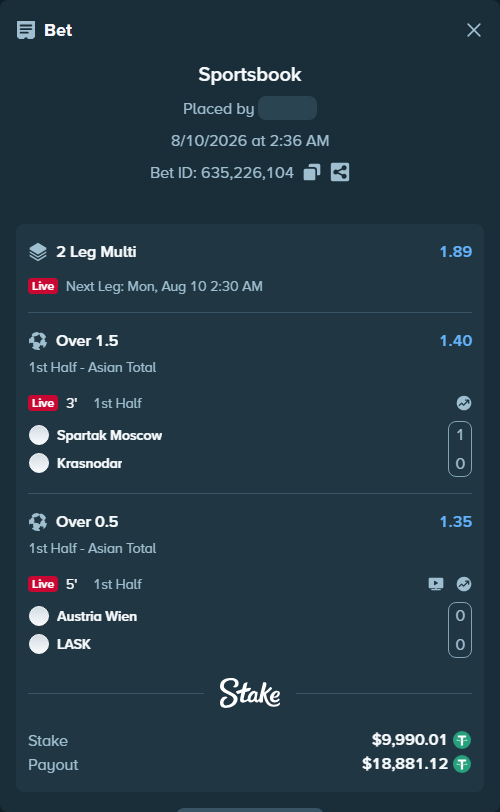 Bet slip: Spartak Moscow - Krasnodar, $10,000.00 stake at 1.40 odds, placed by tlwns4736