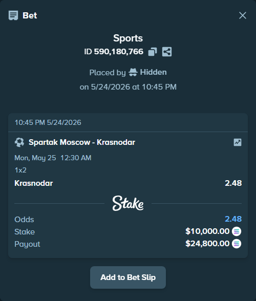 Bet slip: Spartak Moscow - Krasnodar, $8,515.56 stake at 2.48 odds, placed by Hidden