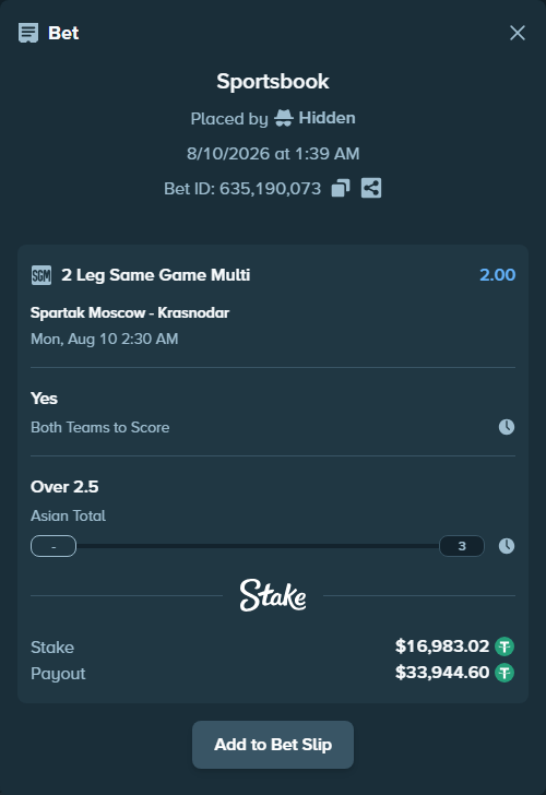 Bet slip: Spartak Moscow - Krasnodar, $17,000.00 stake at 1.63 odds, placed by Hidden
